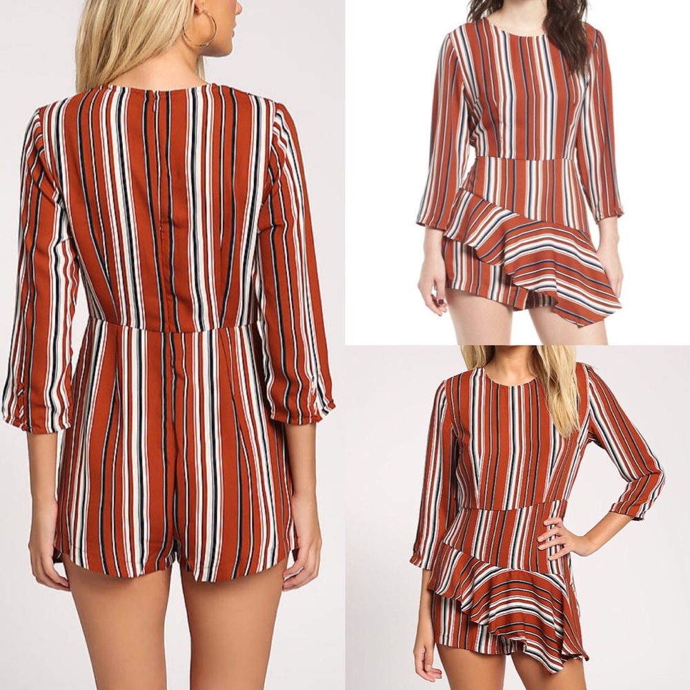 . Nordstrom Lush Rust Orange Striped Asymmetrical Long Sleeve Ruffle Romper - Picture 7 of 15